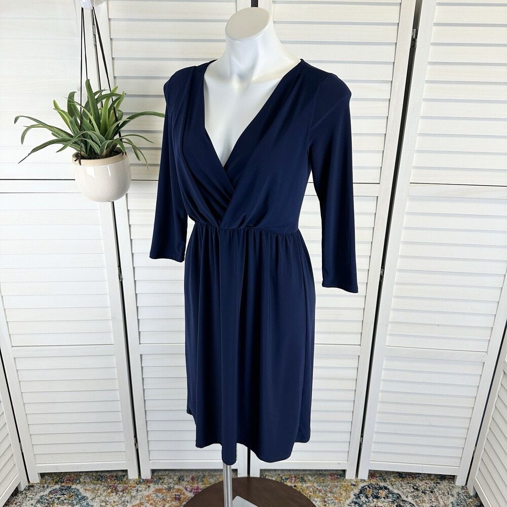 Gilli Navy Blue Layered Surplice A-Line Dress Stretch Knit USA Made Size M